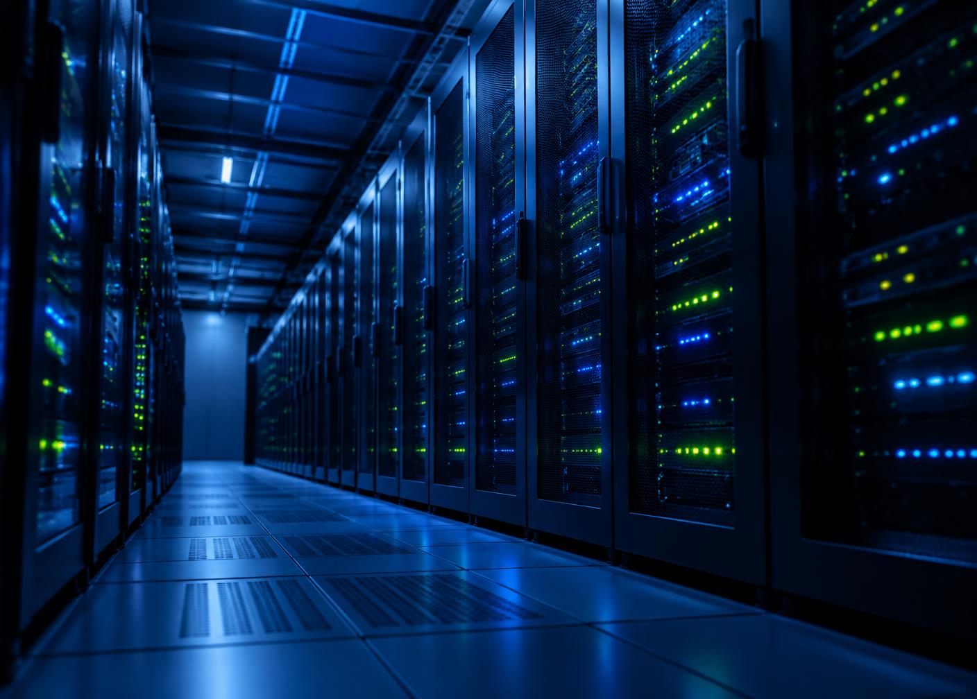 Corridor of cloud data center server racks with blue and green status lights