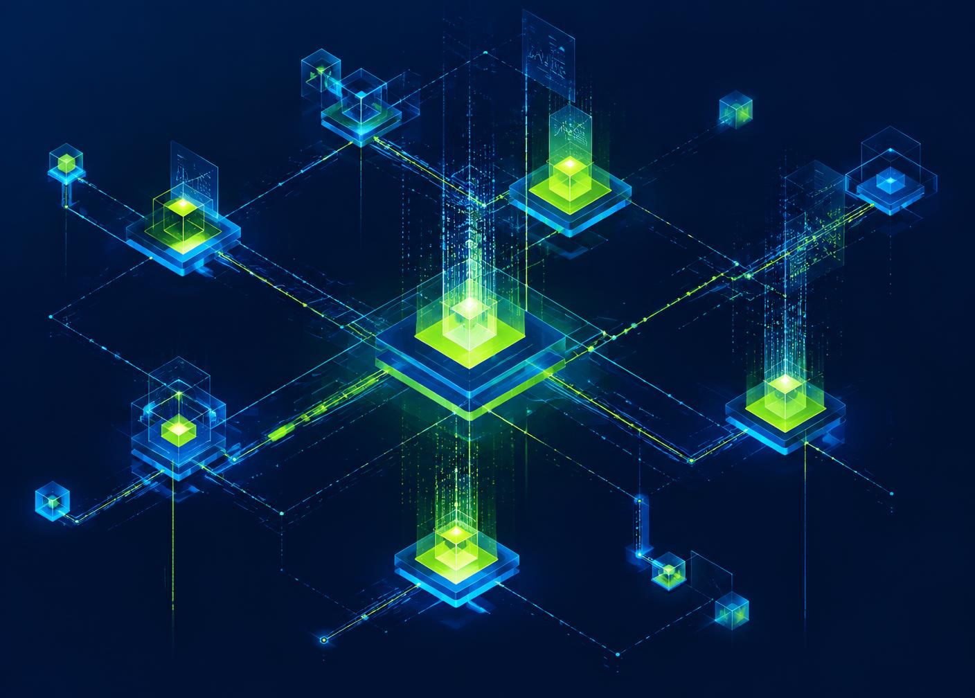 Isometric illustration of connected software modules exchanging data